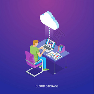 云存储横幅在云存储中存储数据的计算机上工作的人等距概念高度图片