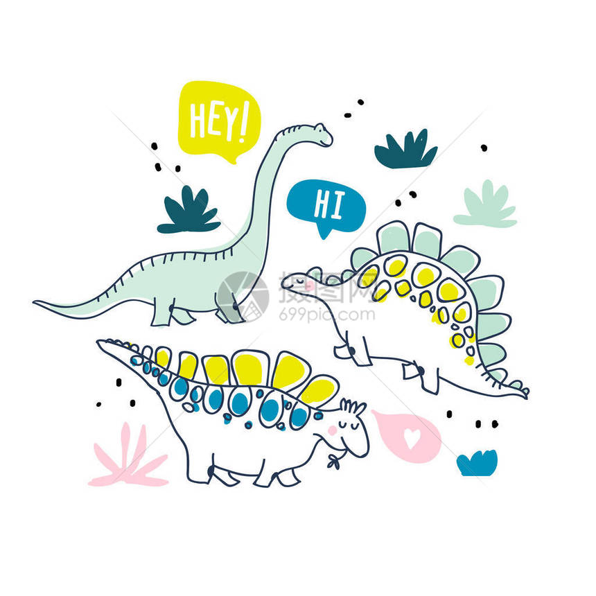 可爱的恐龙和热带植物可爱的卡通恐龙为女孩子们设计的手绘矢量涂鸦设计时尚服装衬衫面料的图片