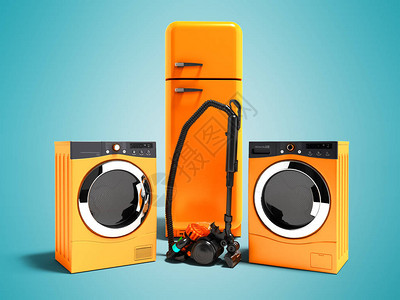 用于洗衣机和真空吸尘器的现代橙色家用冰箱烘干机3d渲染蓝图片