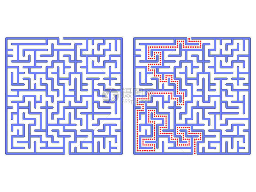 正方形的迷宫迷宫与解决方案迷宫符号在白图片