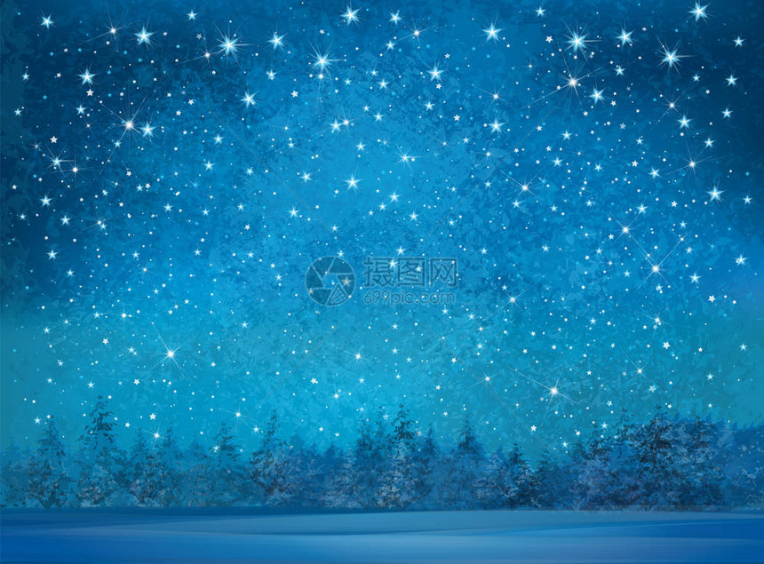 繁星点的夜空和白雪皑的森林背景图片