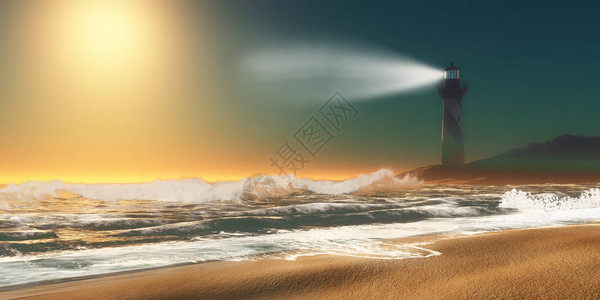 法罗斯暮光照耀着海边就像附近的灯塔光一样笼罩在天空上用强大的插画