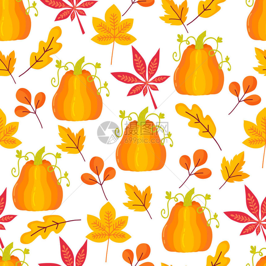 与秋天的树枝和树叶在白色背景上的无缝模式花卉手绘装饰黄色和红色用于在织物壁纸和张上印刷的明图片