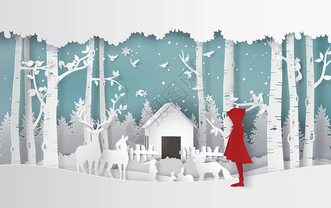 穿着红大衣的女孩和丛林中的动物一起过冬纸张艺术图片