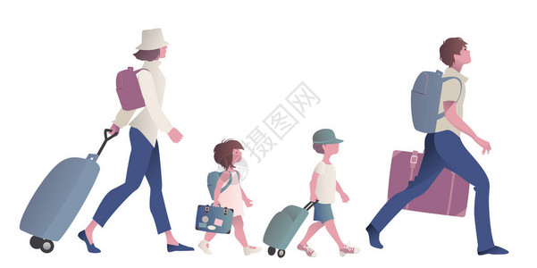 带着手提箱背包和推车旅行的家庭在白色图片