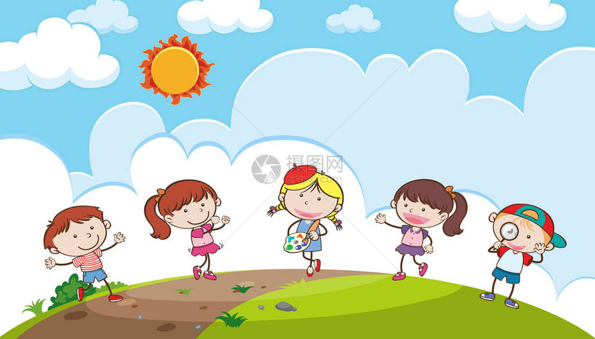 小孩子在山上玩耍的插图图片