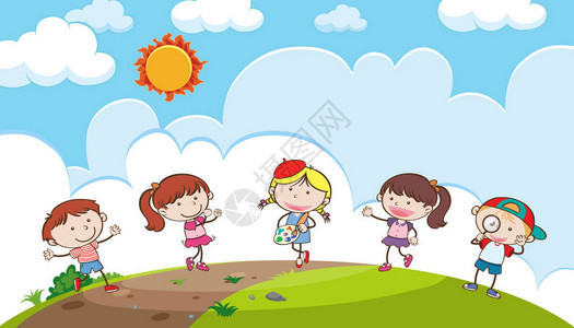 小孩子在山上玩耍的插图图片