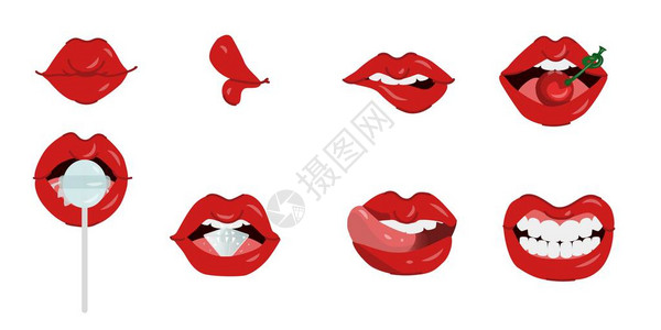 开了盖的口红女嘴唇在白色背景上隔离了一组不同的手势女人的嘴巴有吻樱桃舌头棒糖和微笑女孩嘴唇显示各插画