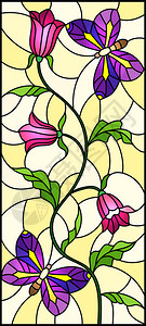 以彩色玻璃风格用抽象的卷粉花和黄色背面的紫蝴蝶垂直图片