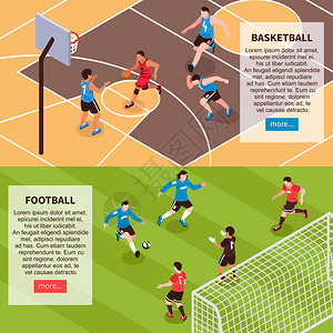 篮球场和足球场2水平等距网站横幅与描述图片