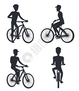 一组骑自行车的人单色剪影矢量插图骑自行车的黑在白色背景下以图片