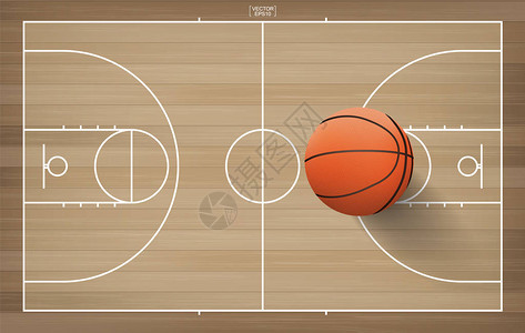 篮球场背景上的篮球矢量插图图片