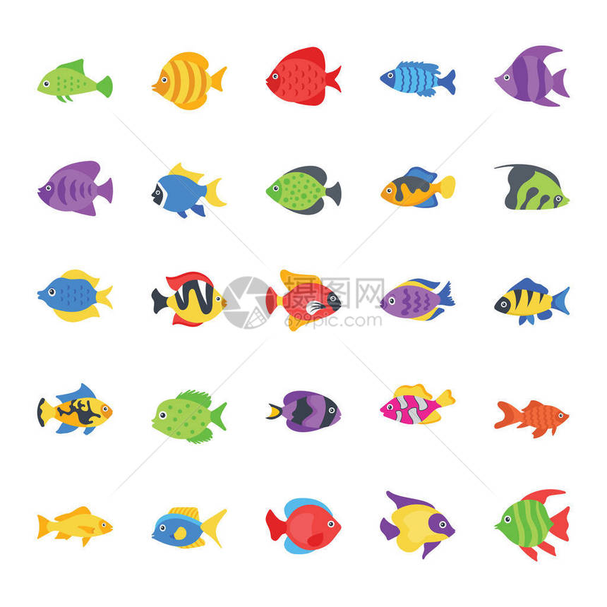 鱼平面矢量图标集图片