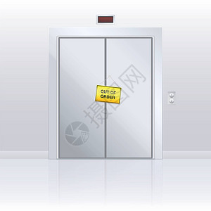 乱序黄色警告面板挂在关闭的乘客电梯上插画