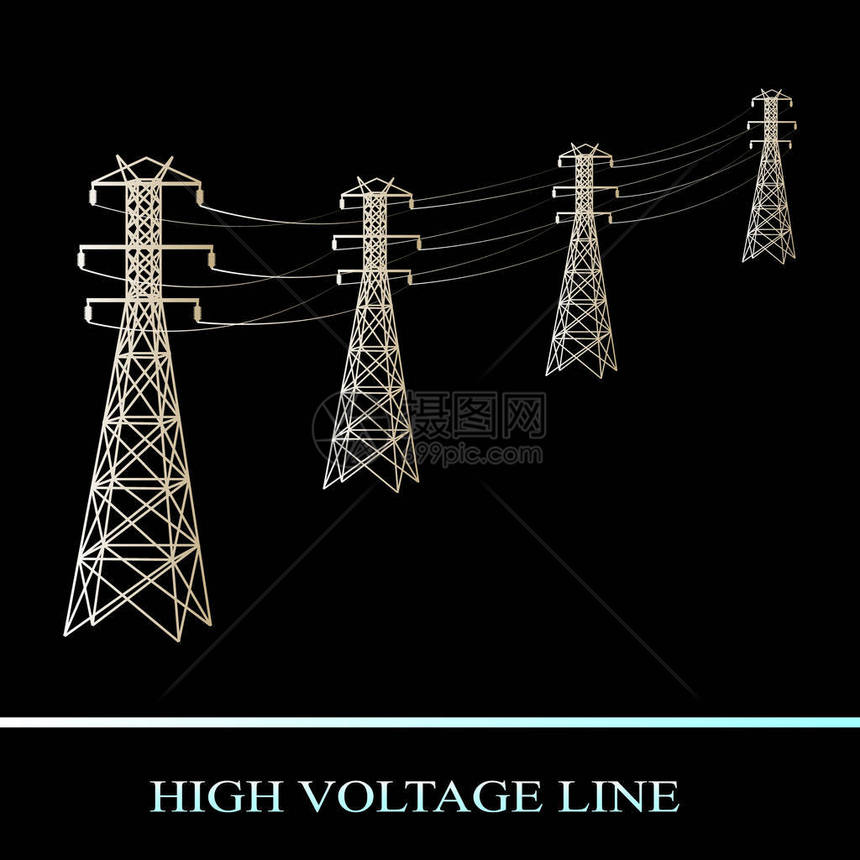 高电压线在黑色背景上隔离的电源传输矢图片