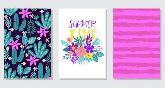 暑期卡设计热带外棕榈叶和花朵请柬海图片