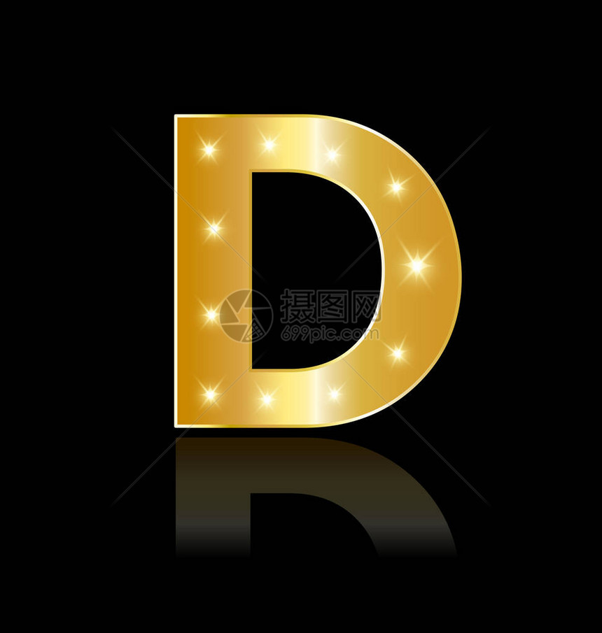 金色字母D闪亮矢量符号设计插图图片