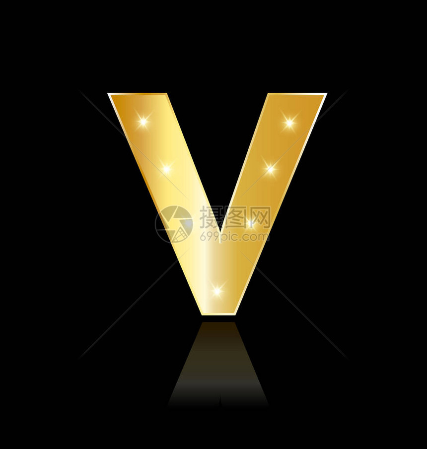 金色字母V闪亮矢量符号设计插图图片