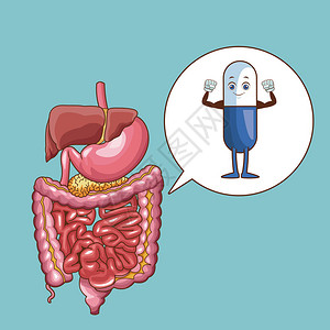 有胃痛药的年轻人卡通漫画矢量背景图片