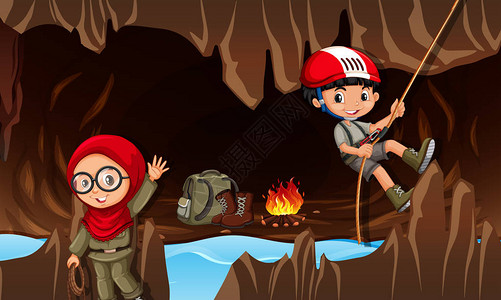 孩子们探索洞穴插图图片