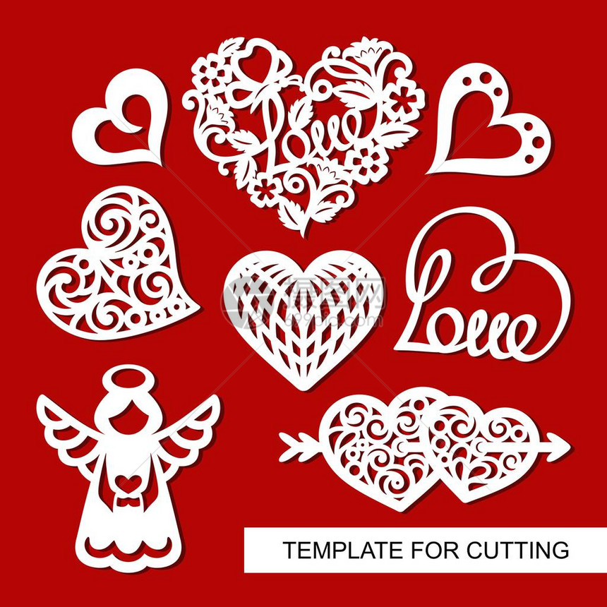 情人节的一套装饰天使和Lacy心脏用鲜花蝴蝶和爱字激光切割木雕剪图片