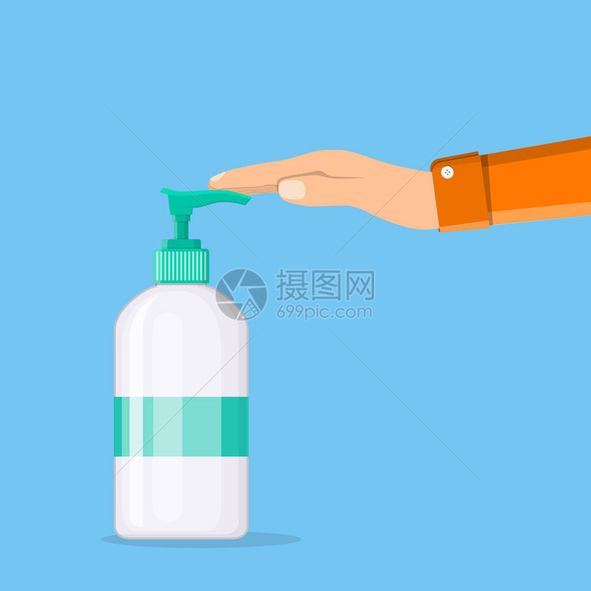 洗人手装有喷洒器的液体抗菌肥皂瓶防湿剂消毒卫生皮肤护理概念图片