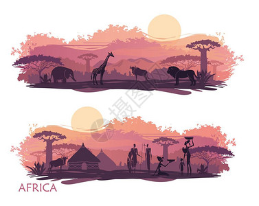 非洲景观及土著人民和野生动物的光影环形图地图片
