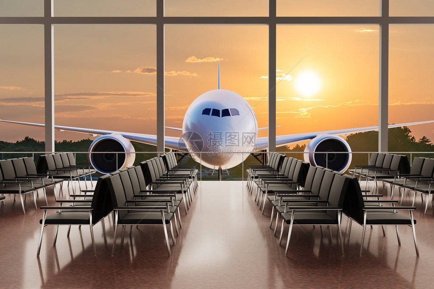 空机场候机室和日落时背景的飞机3图片