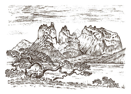 山峰复古巴塔哥尼亚古老的手绘素描或雕刻风格图片