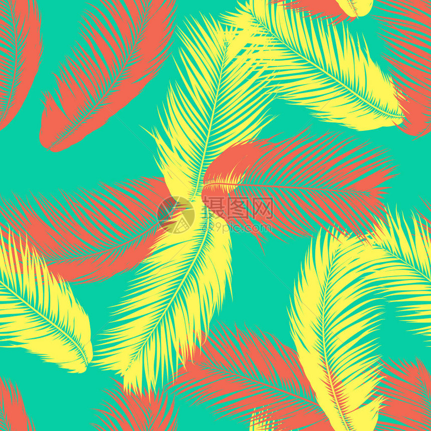 矢量羽毛热带无缝模式与异国丛林植物椰子树叶简单的夏天背景插图EPS10矢量羽毛剪影或棕榈树图片