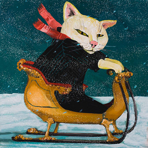 在雪橇的快乐猫图片