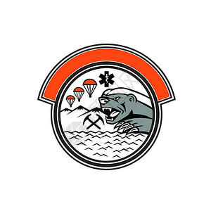 徽章吉祥物展示了带有护理标志空降落伞跨越冰斧山地和海洋的蜂蜜刺刀头图片