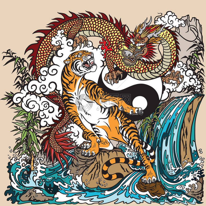 龙与老虎在风景中以岩石植物和云彩相对抗佛教中有两种精神生物矢量插图包括Yin图片
