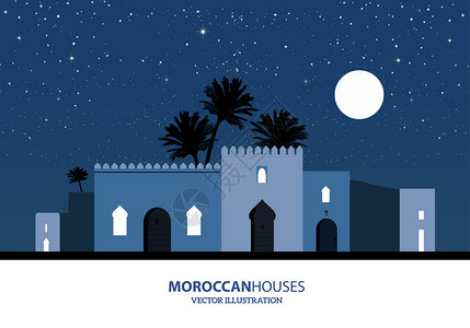 夜视地中海阿拉伯或摩洛人风格房屋棕榈树和月背景图片