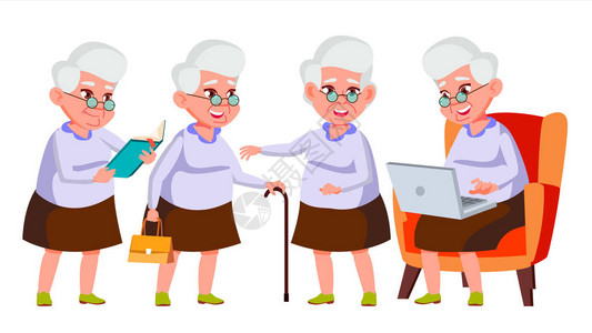 老妇人姿势设置向量老年人资深人士老化友好的祖父母横幅传单宣传册设计孤图片