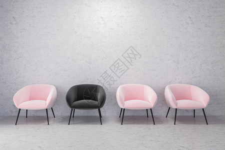 还有一排粉红色的椅子一把黑色椅子模拟墙艺术氛围创意概念图片