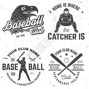 一套棒球或垒球俱乐部徽章向量衬衫或标志印刷品邮票或T恤的概念带有棒球接球手鹰和球的棒球轮廓的背景图片