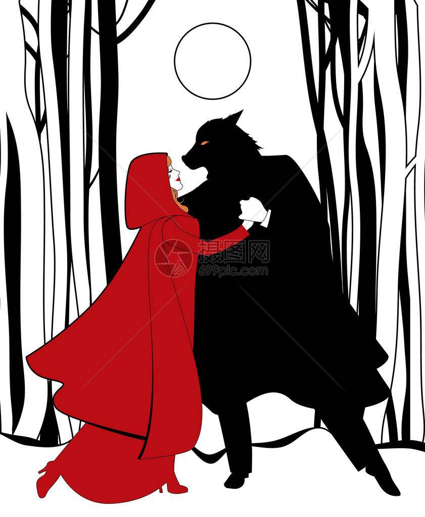红小骑林兜帽和野狼在满月的光芒下图片