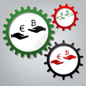 手到的货币兑换欧元和比特币向量三个连接的齿轮背景图片