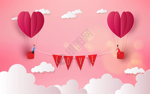 甜蜜的情侣在热气球上度蜜月假期暑假浪漫爱情观情人节快乐壁纸海报背景图片