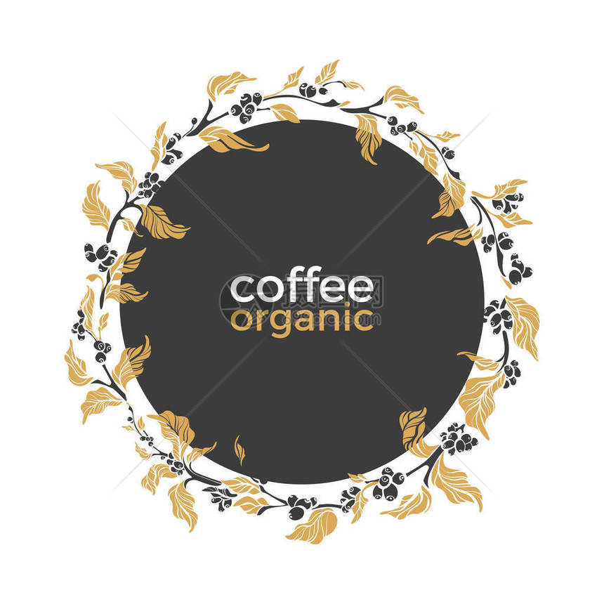 带有咖啡树枝豆类叶子花朵的自然花环的矢量模板图片