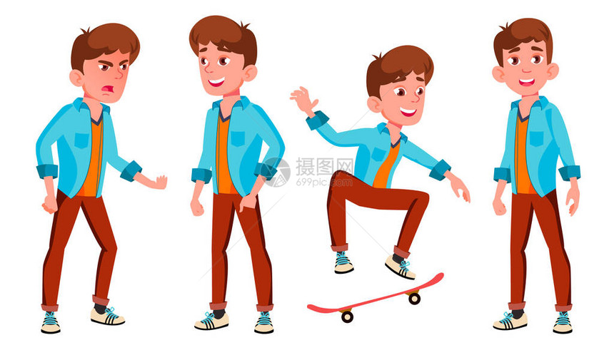 十几岁的男孩姿势设置向量成年人随意的用于广告问候语公告设计孤图片