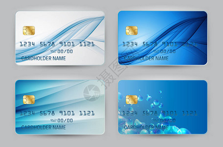银色蓝波浪银行卡空白模型板顶视图与透明背景集合上隔离的阴影矢量图图片