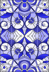 伽玛鲁斯使用抽象的斜纹花和浅背景叶子垂直方向蓝色的彩色玻璃样式说明插画