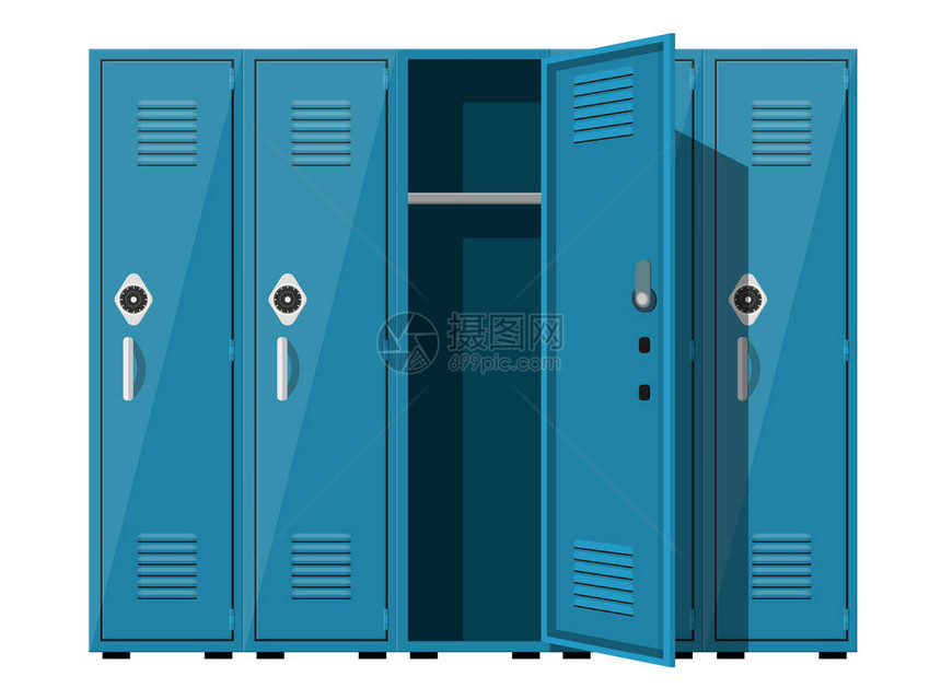 蓝金属柜学校或健身房装有银把手和锁的衣柜安全箱图片