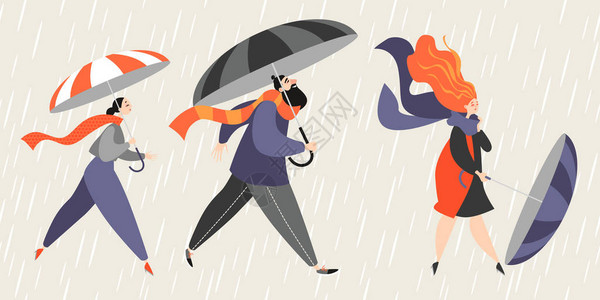 带雨伞的人在雨中行走卡通风图片