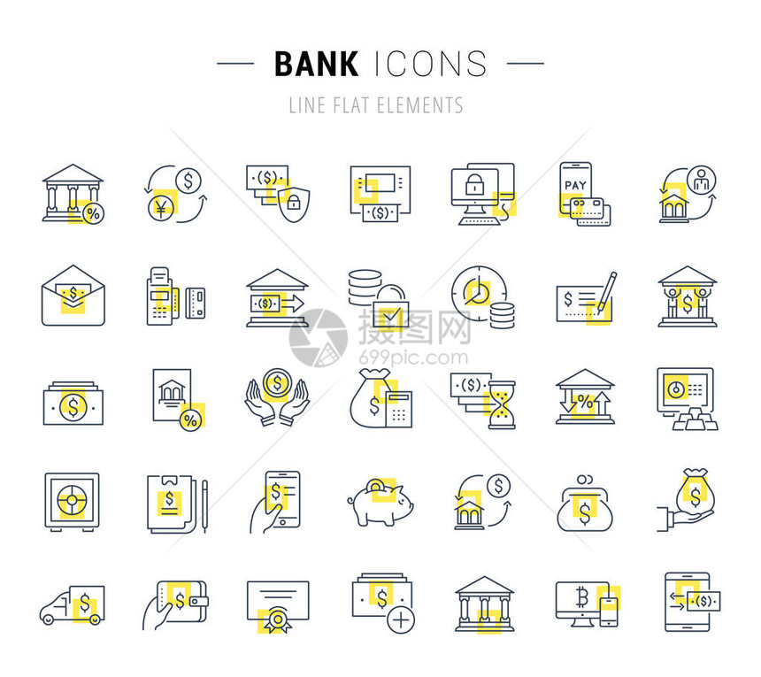 一套矢量线图标和带有银行黄方形的标志图片