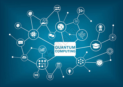 量子力学深蓝色背景下的量子计算矢量图解插画