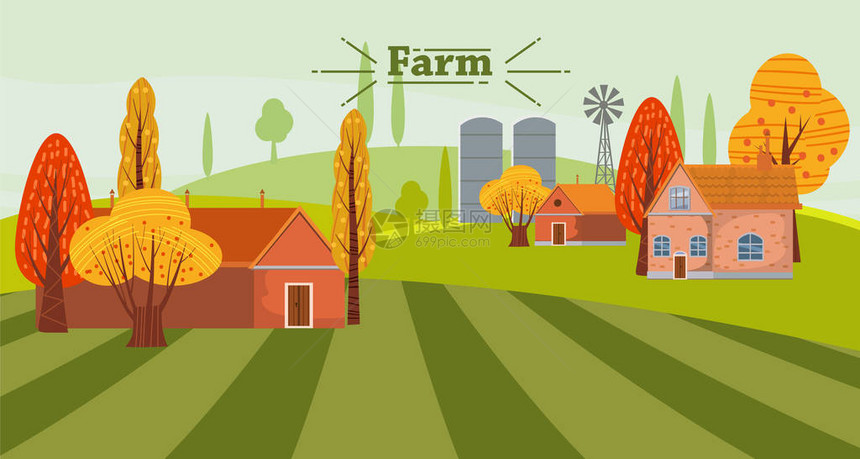 剪切生态农业概念景观包括房屋和农场图片