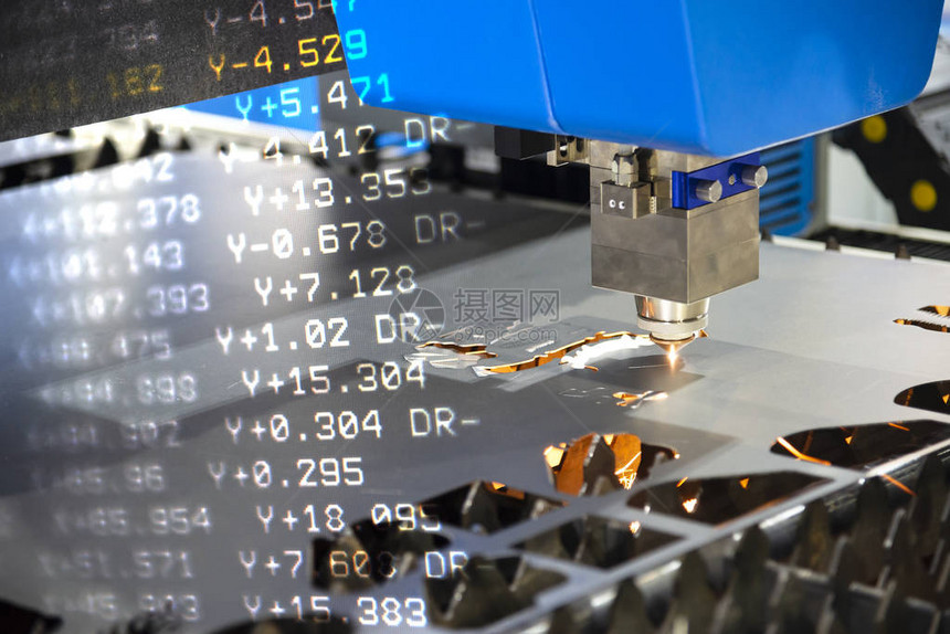 CNC纤维激光切割机的抽象场景和G编码数据现代板金属制造工艺图片